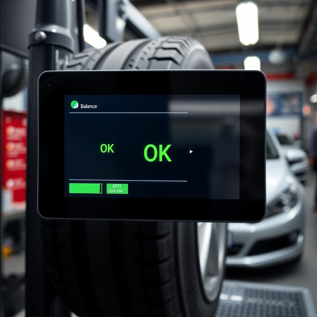 Detail of a high-tech laser tire balancing machine screen showing green OK status, professional automotive workshop background, blurred motion.